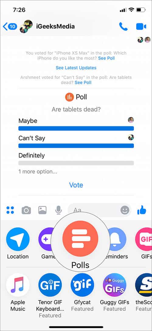 Tap on Polls to Create in Facebook Messenger Group Chat on iPhone