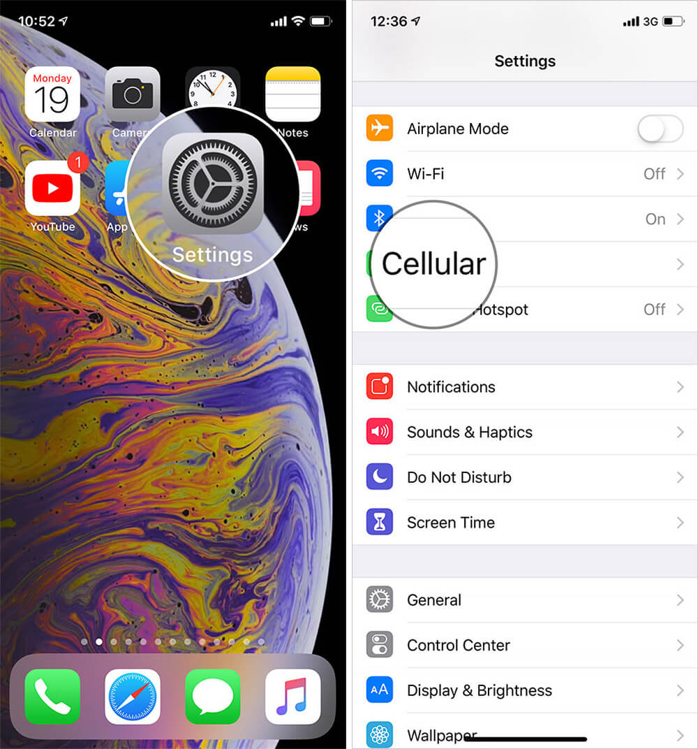 Tap on settings then cellular or mobile data on iphone