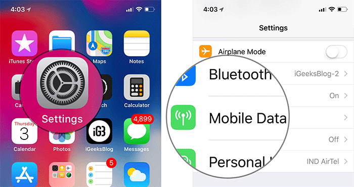 Tap on Settings then Mobile Data on iPhone