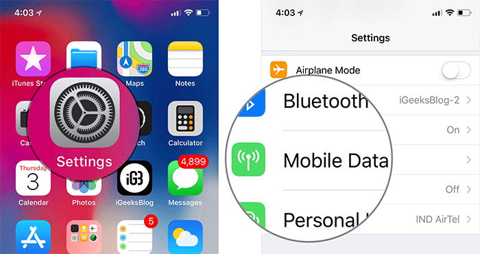 Tap on settings then mobile data on iphone