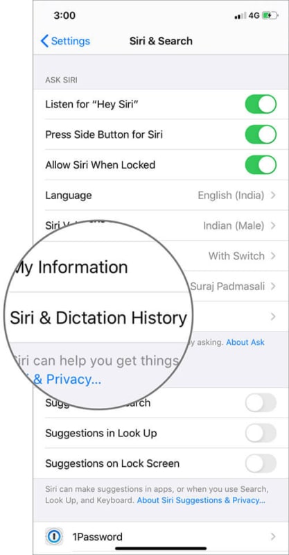 Tap on Siri and Dictation History in Settings on iOS 13 Running iPhone