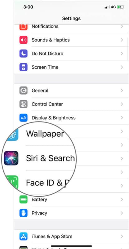 Tap on Siri and Search in iOS 13 Settings App on iPhone