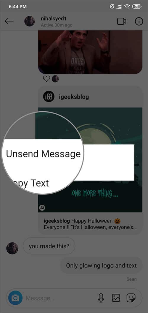 Tap on Unsend Message to Delete Message from Instagram on Android Phone