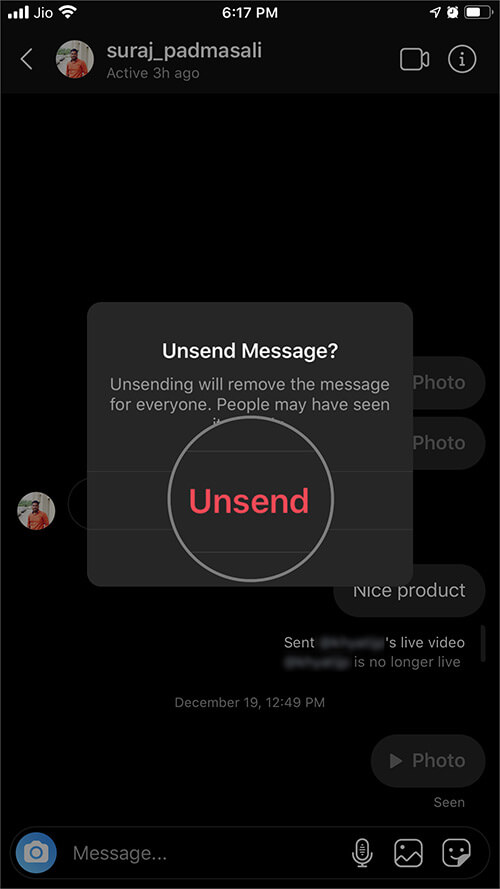 Tap on Unsend and Confirm to Delete Message in Instagram on iPhone