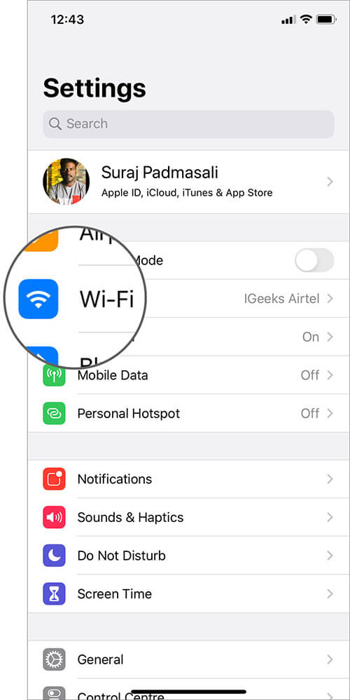 Tap on Wi-Fi in Settings App on iPhone