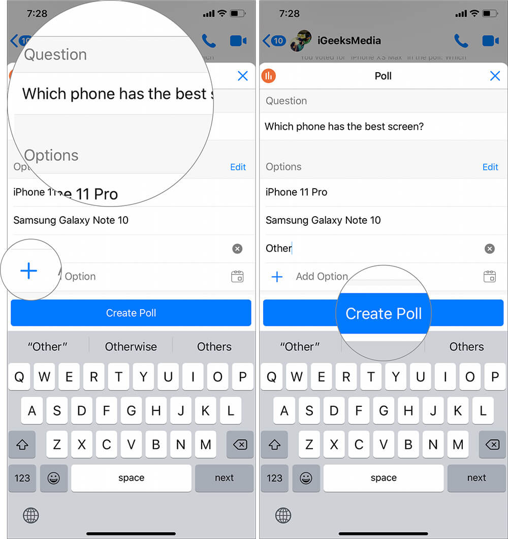 Type Question and add more options to Create Poll in Facebook Messenger Group