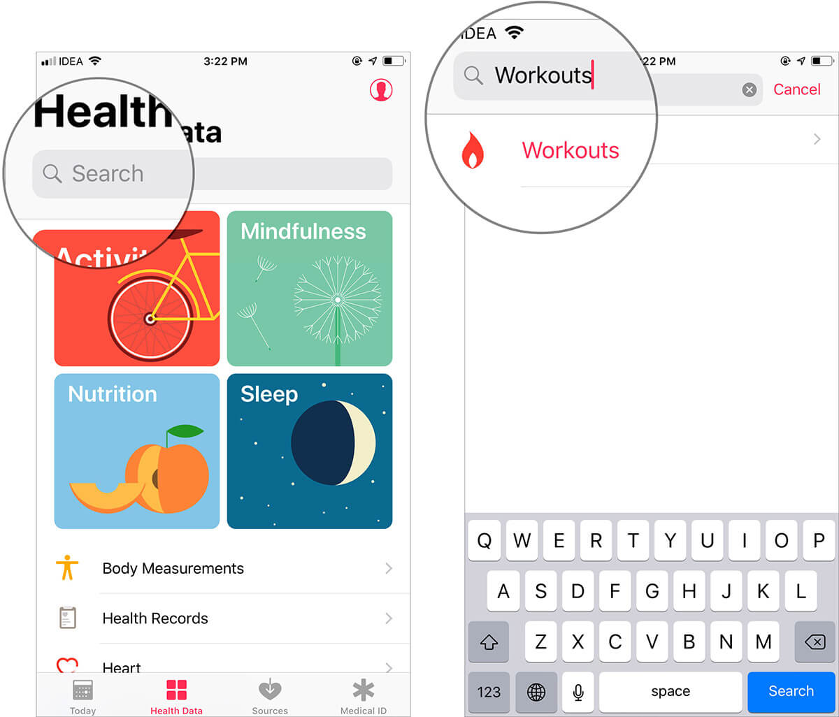 Type Workouts in Search Bar and Select it in iOS Health App