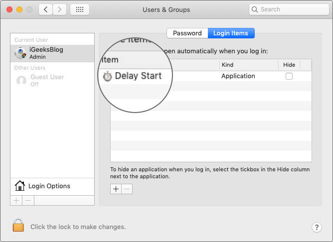 Add Delay Start App in Login Items on Mac