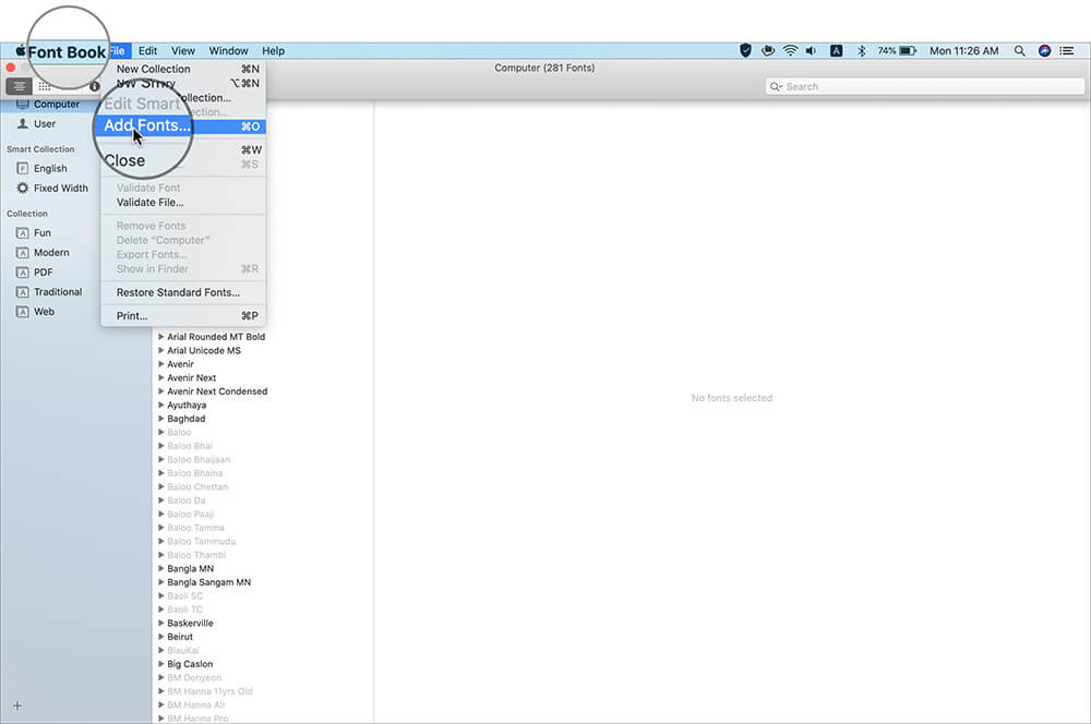 Click on Font Book File Menu and Select Add Fonts on Mac