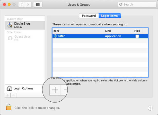 Click on Plus in Login Items on Mac