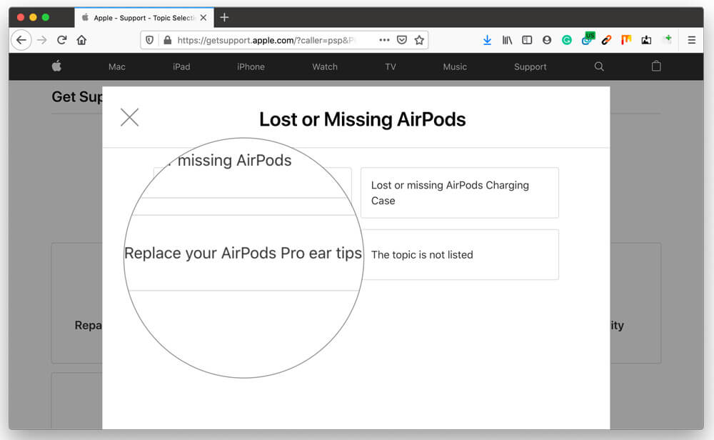 Click on Replace AirPods Pro ear tips to continue Lost AirPods with Apple support web page