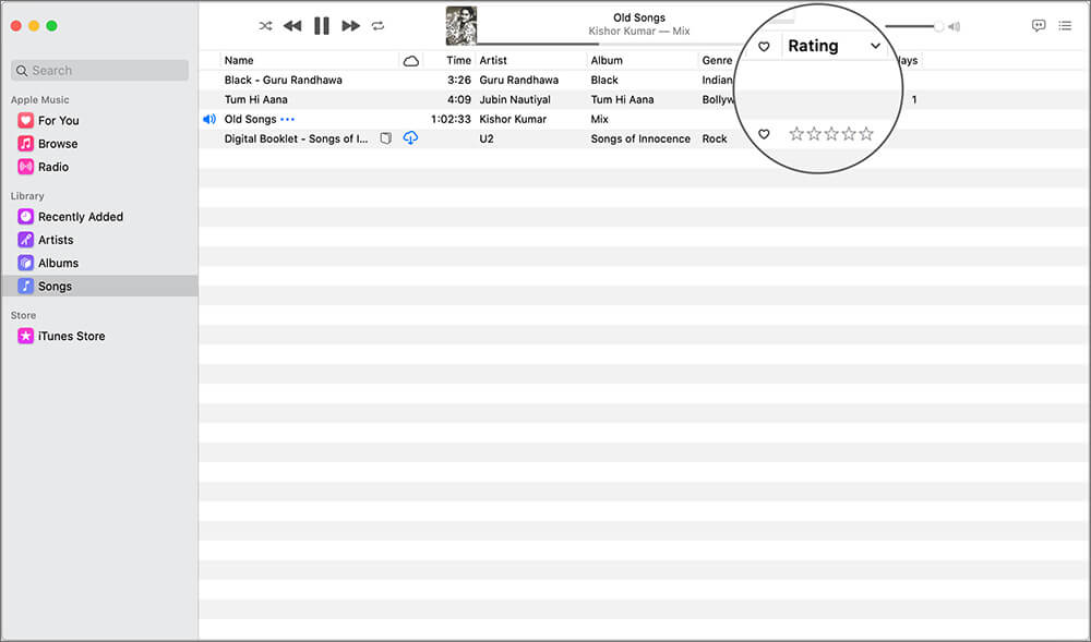 Click on Songs Tab and Hover to View Ratings in macOS
