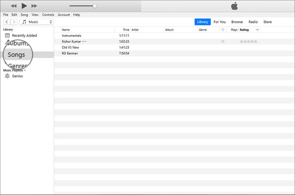 Click on Songs Tab in iTunes on Mac