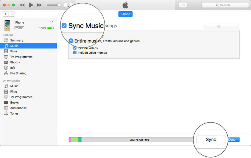 Click on Sync to Transfer Music from Android to iPhone in iTunes