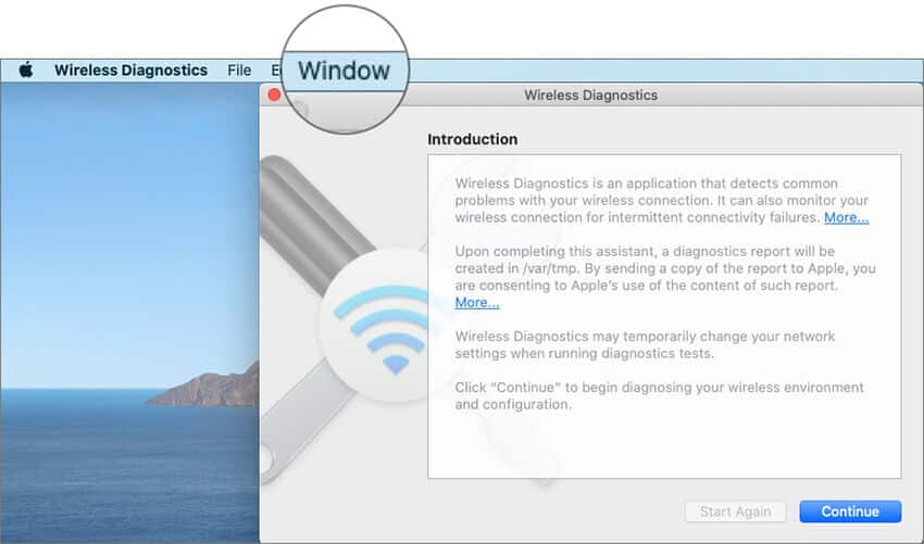 Click on Window on macOS Wireless Diagnostics Menu bar