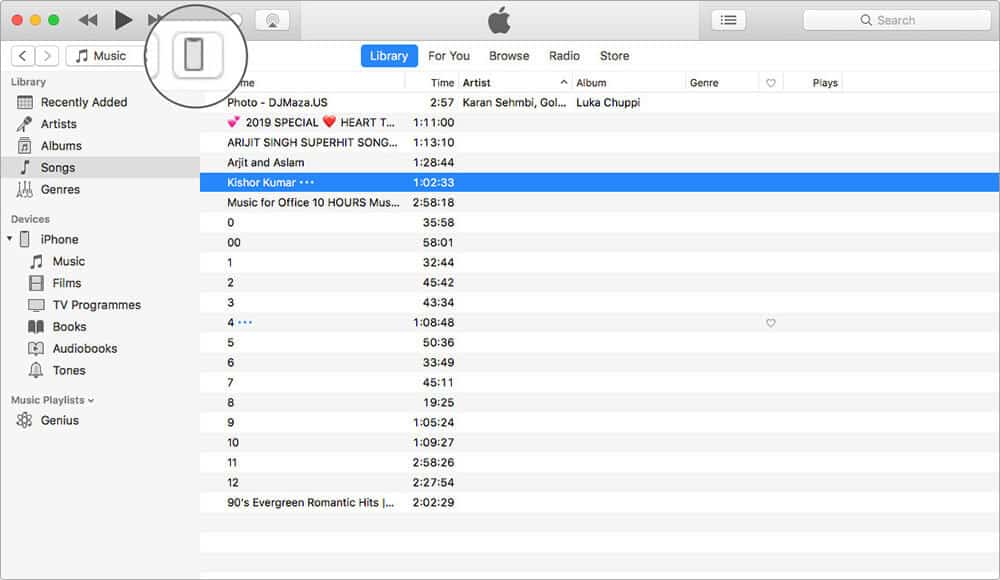 Click on iPhone icon in iTunes on Mac
