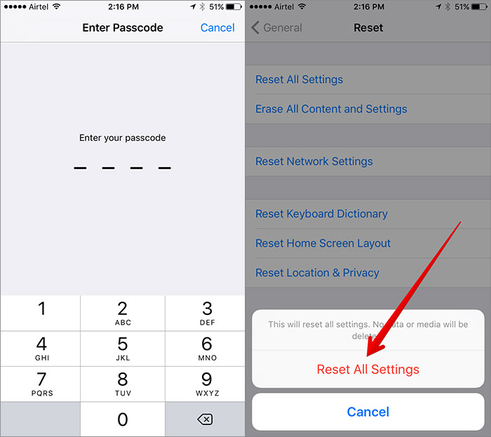 Confirm Reset All Settings on iPhone in iOS 10