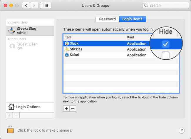 Hide Login Items at System Startup on Mac