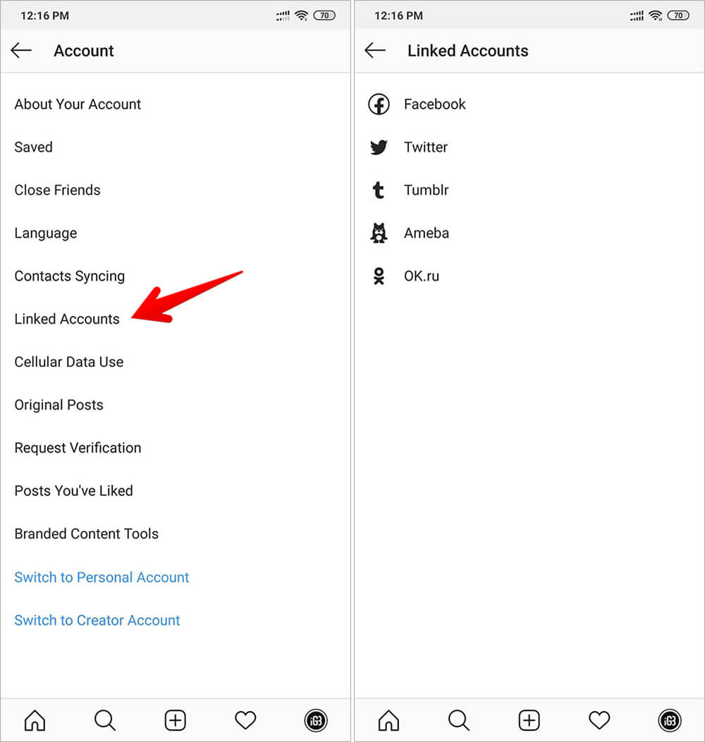 Link Instagram Account With Other Social Networks android device