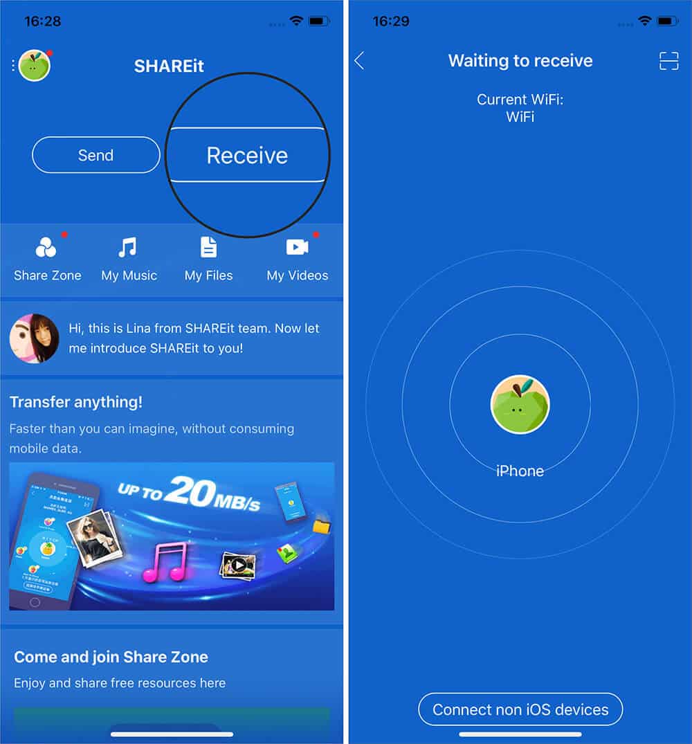 Open SHAREit App and Tap on Receive on iPhone