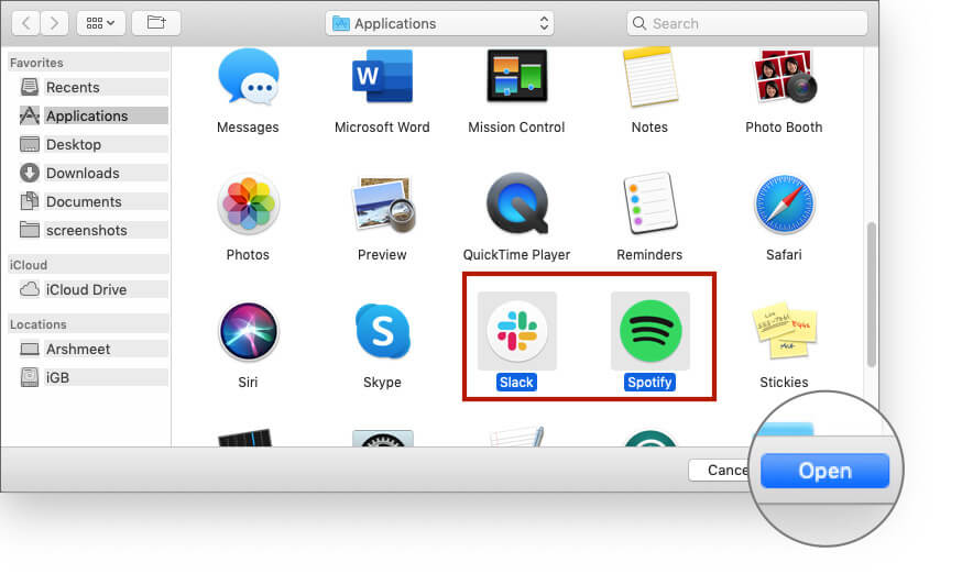 Select Apps on Click Open Button on Mac