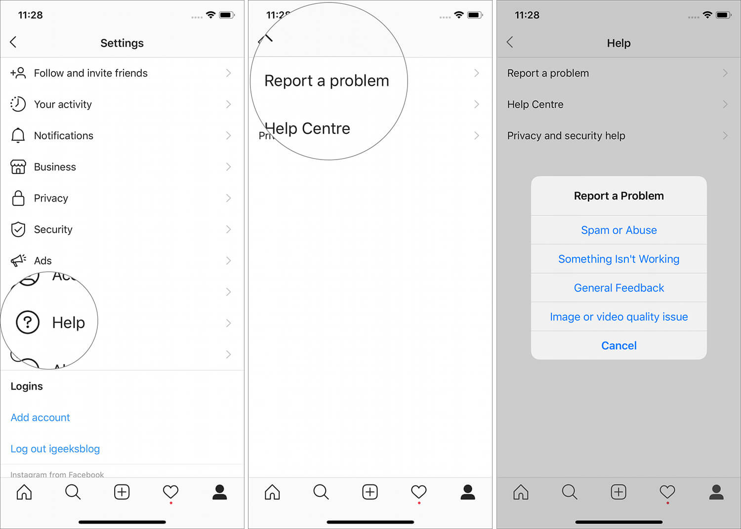 Send feedback through Report Problem in Instagram app on iOS device