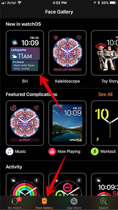 Tap on Face Gallery and Tap on Siri in Apple Watch App on iPhone