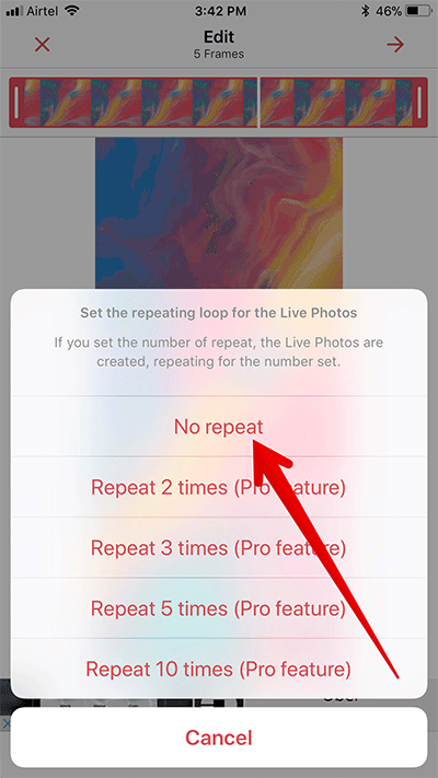 Tap on No Repeat in IntoLive App on iPhone