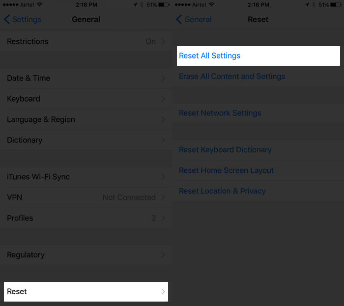 Tap on Reset All Settings on iPhone