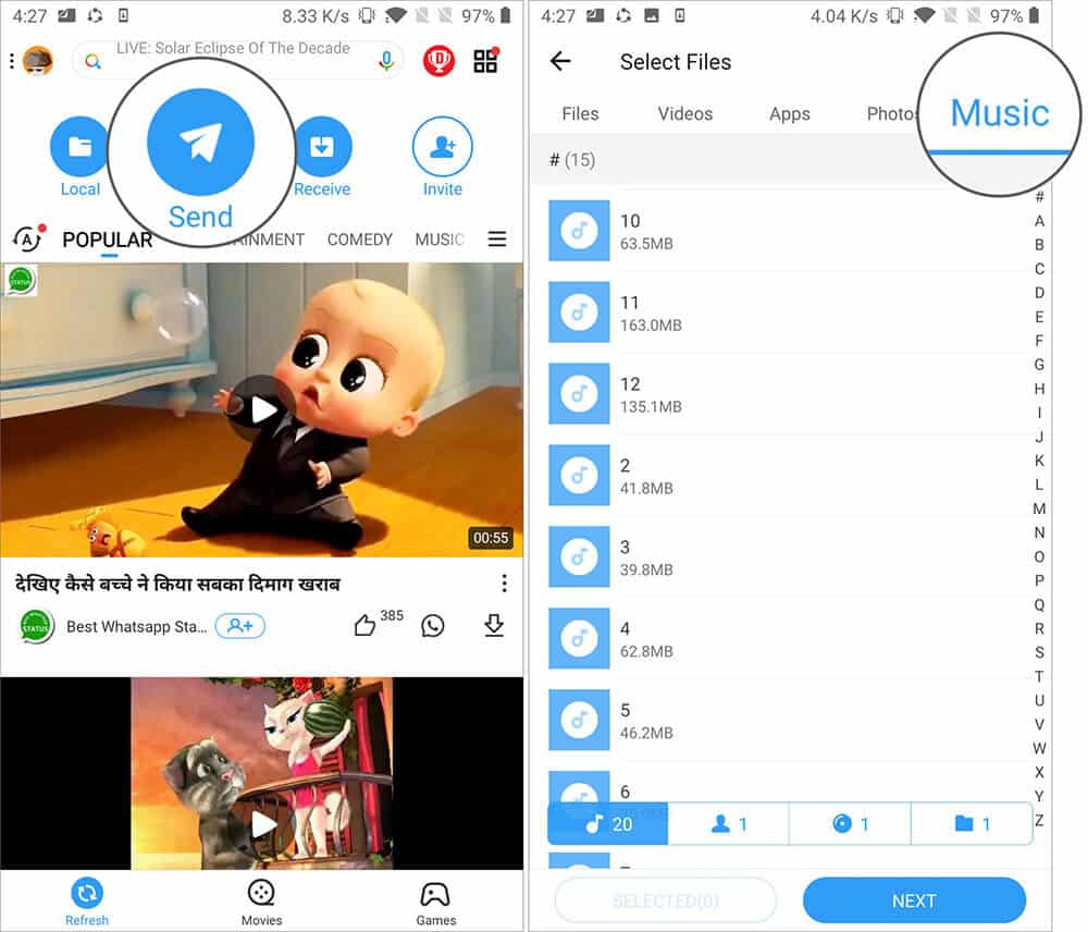 Tap on Send and Select Music Tab on Android Phone