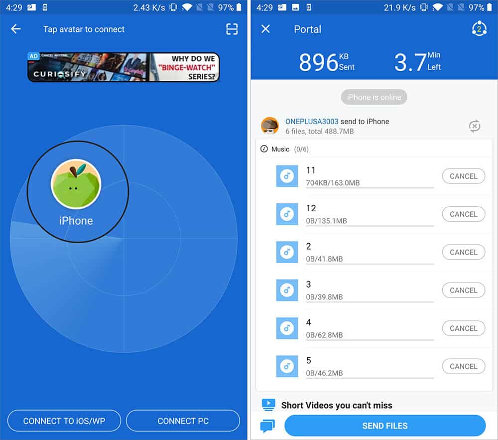 Tap on iPhone Name in SHAREit App to Transfer Music from Android to iPhone