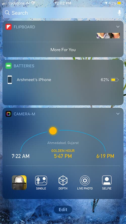 Camera m app in today's Widget on iPhone