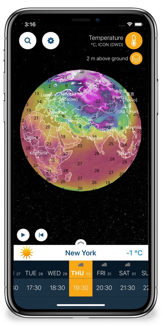Check Weather Accross the Earth with 3D Globe Map on Ventusky iPhone App