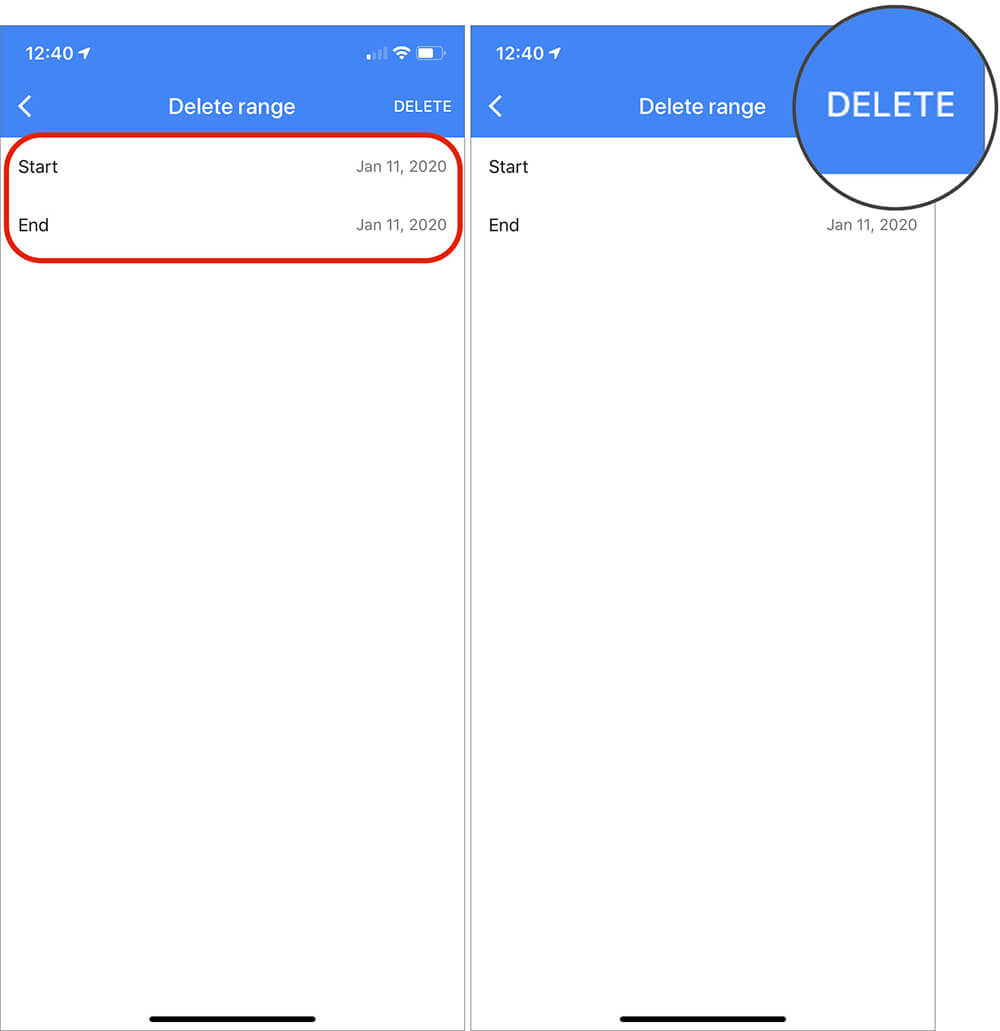 How to Disable and Remove Google Maps Timeline on iPhone and Android Select Date to Tap on Delete in iOS Google Maps