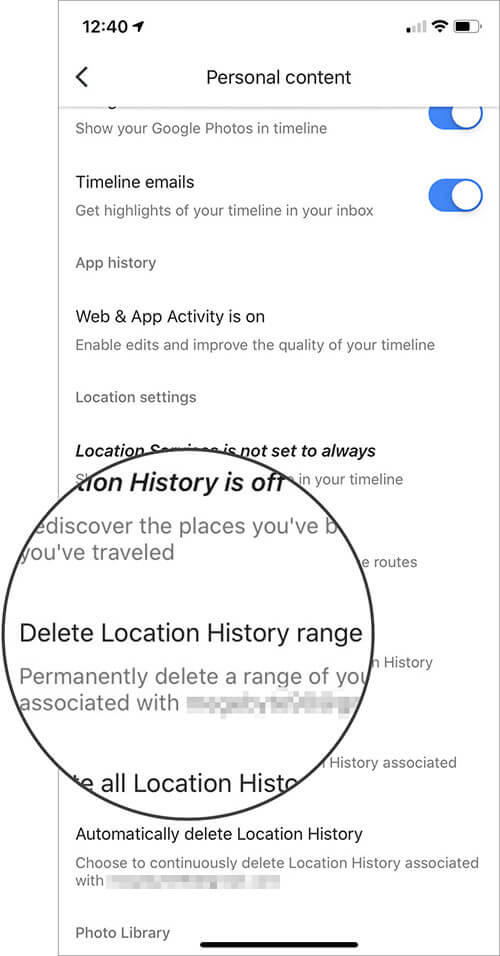 Select Delete Location History Range in Google Maps Settings on iPhone