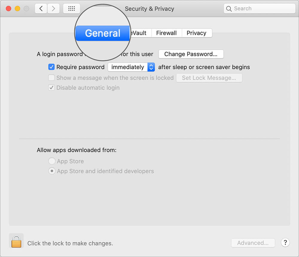 Select General in Security and Privacy Preferences on Mac