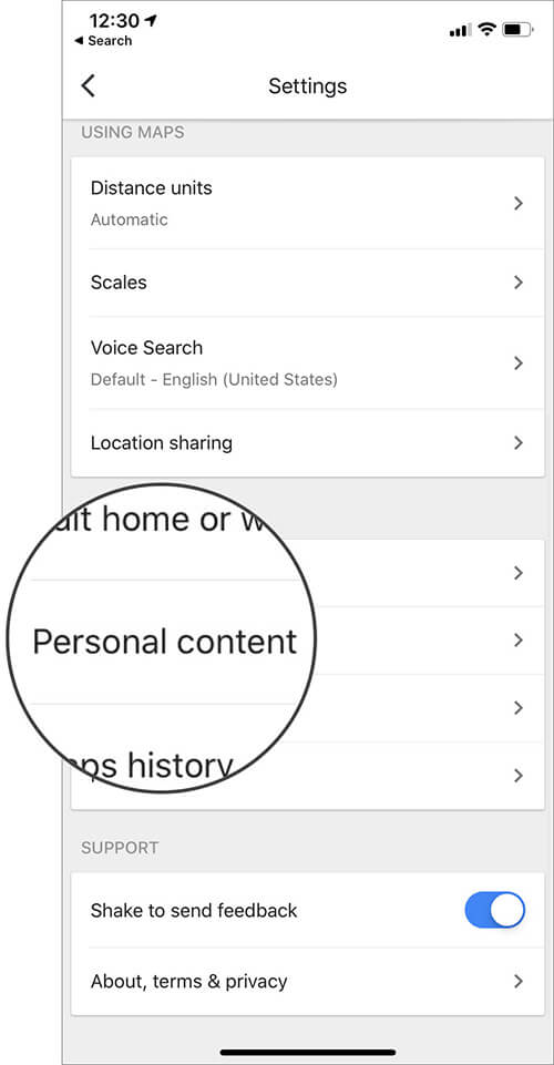 Select Personal Content in Google Maps Settings on iPhone