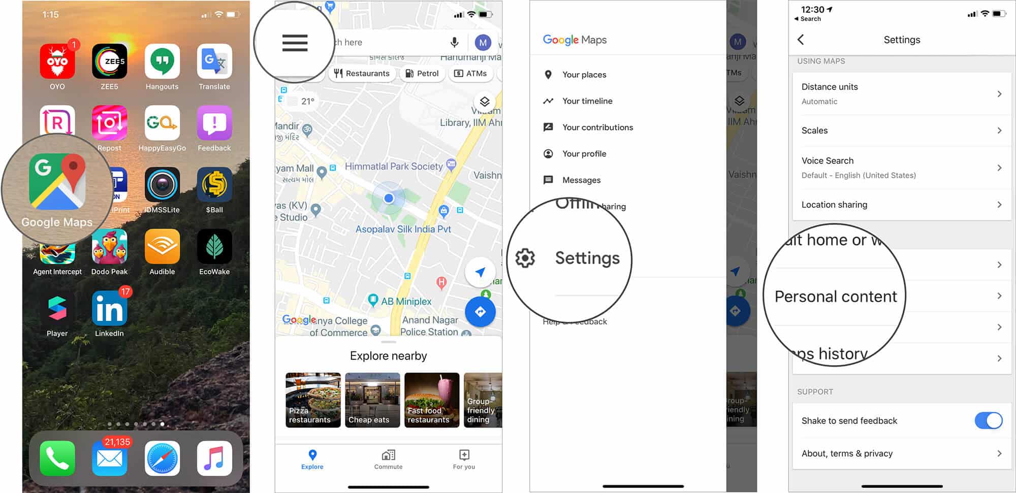 Select Personal Content on Google Maps Settings on iPhone
