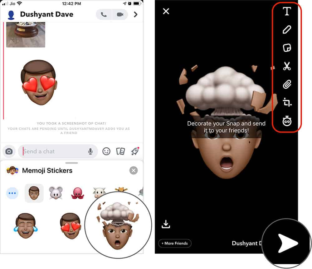 Send Memoji Stickers in Snapchat on iPhone