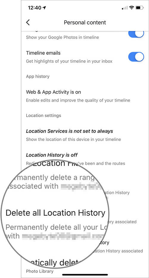 Tap Delete all Location History in Google Maps on iPhone