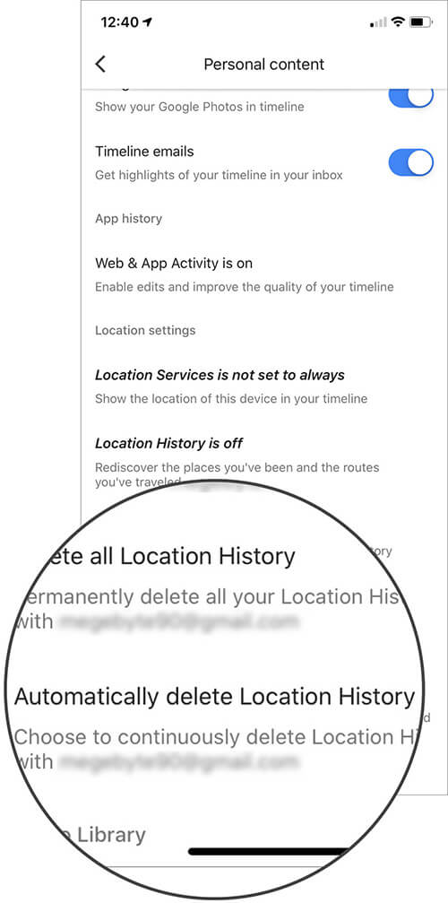 Tap on Automatically delete Location History in Google Maps on iPhone