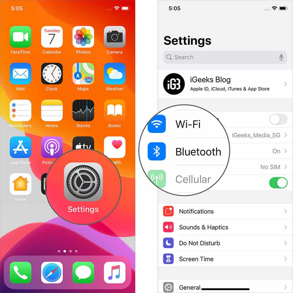 Tap on Bluetooth in iPhone Settings