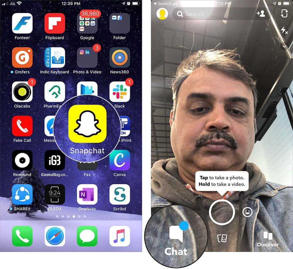 Tap on Chat in Snapchat on iPhone