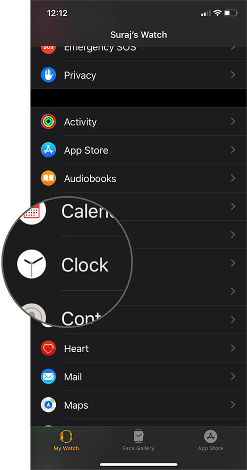 Tap on Clock in My Watch Tab on iPhone Watch App