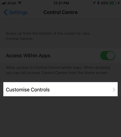 Tap on Customize Controls in iOS 11 Settings on iPhone