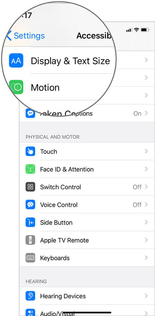 Tap on Display & Text Size in iPhone Settings