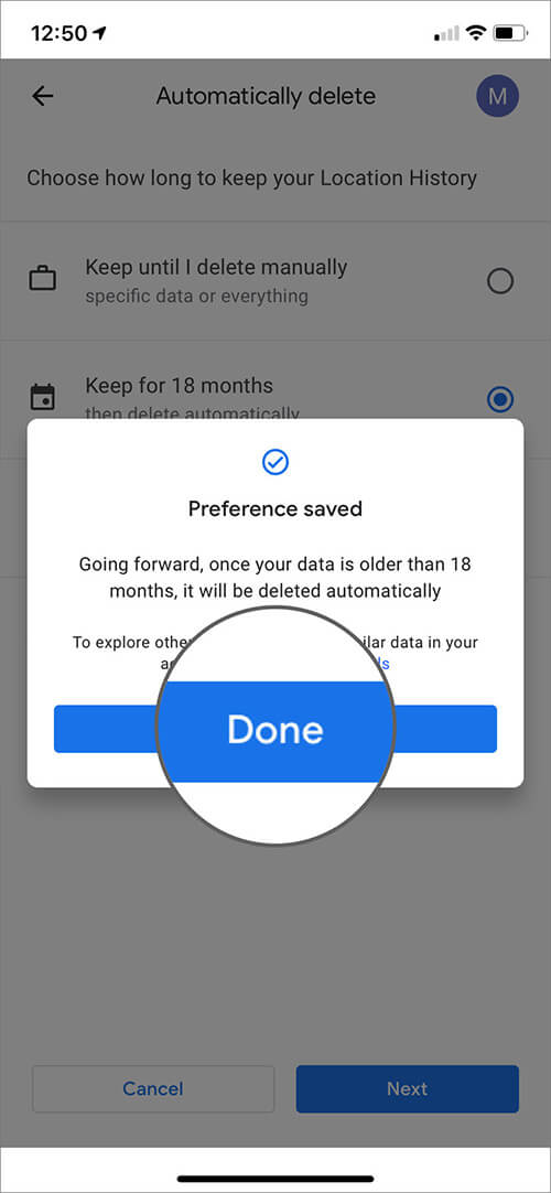 Tap on Done to Automatically Delete Location History on iPhone