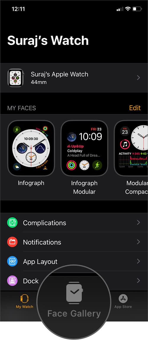 Tap on Face Gallery in Watch App on iPhone