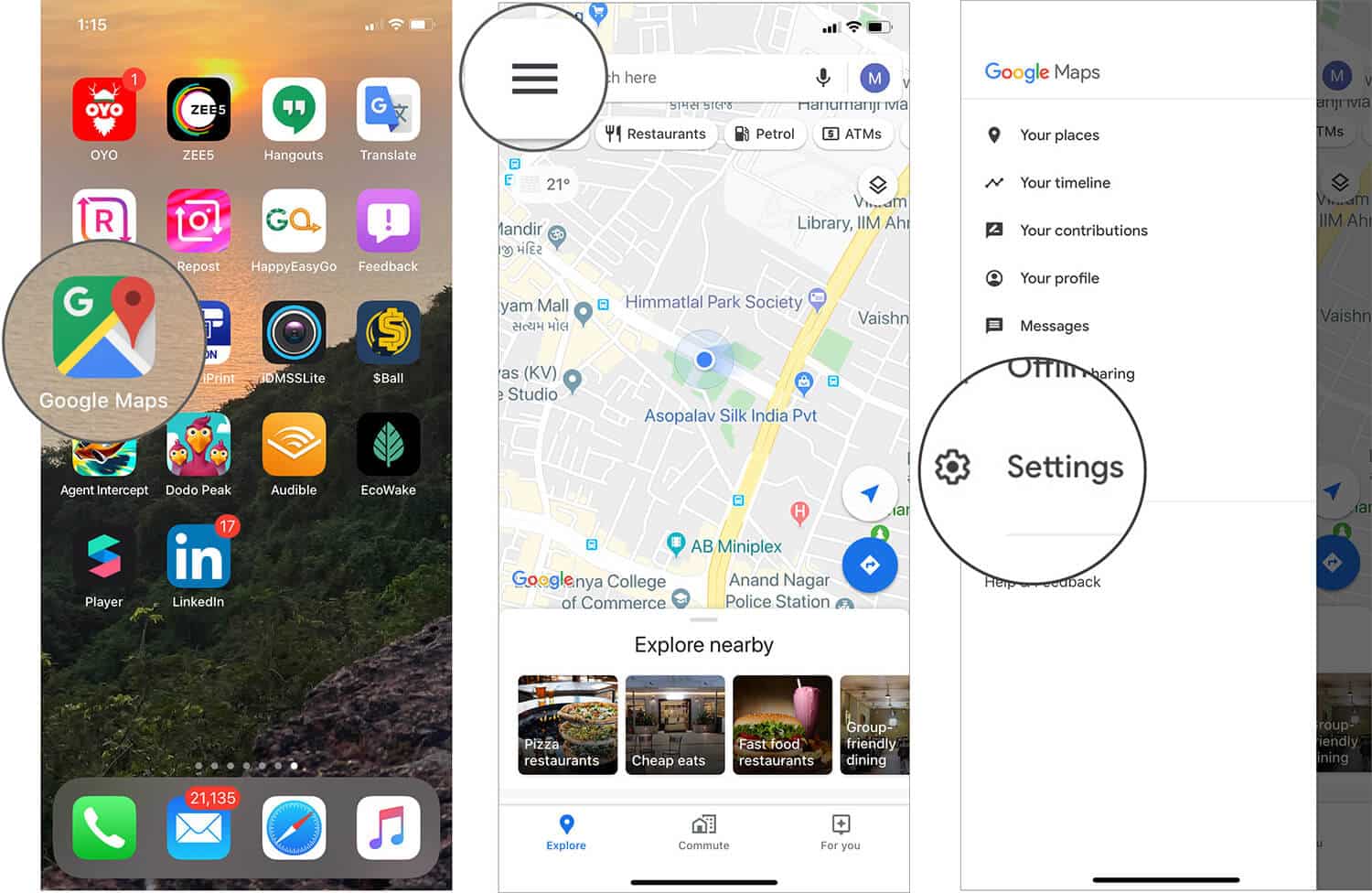 Tap on Google Maps Settings on iPhone
