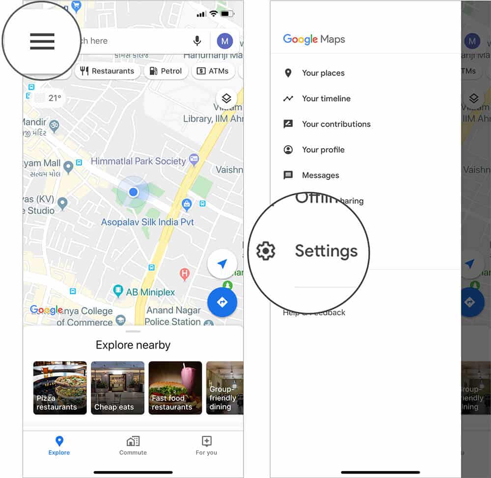 Tap on Hamburger icon and Select Settings in Google Maps on iPhone